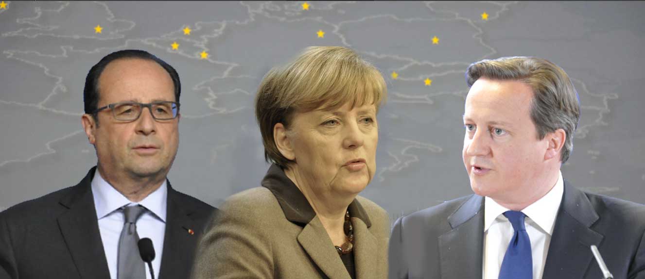 v.l. François Hollande (französischer Staatspräsident), Bundeskanzlerin Angela Merkel und Premierminister des Vereinigten Königreichs David Cameron Foto: (c) Linde Arndt