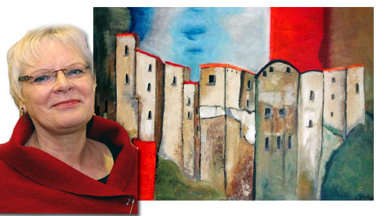 Monika Klemp vor ihrem Original "Häuser in der Toscana" Collage: Linde Arndt
